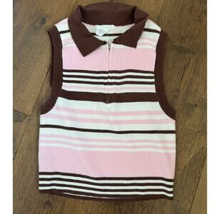 Full Tilt Sleeveless Cropped Polo Sweater Zip Y2K Pink Brown Striped Womens Sz S